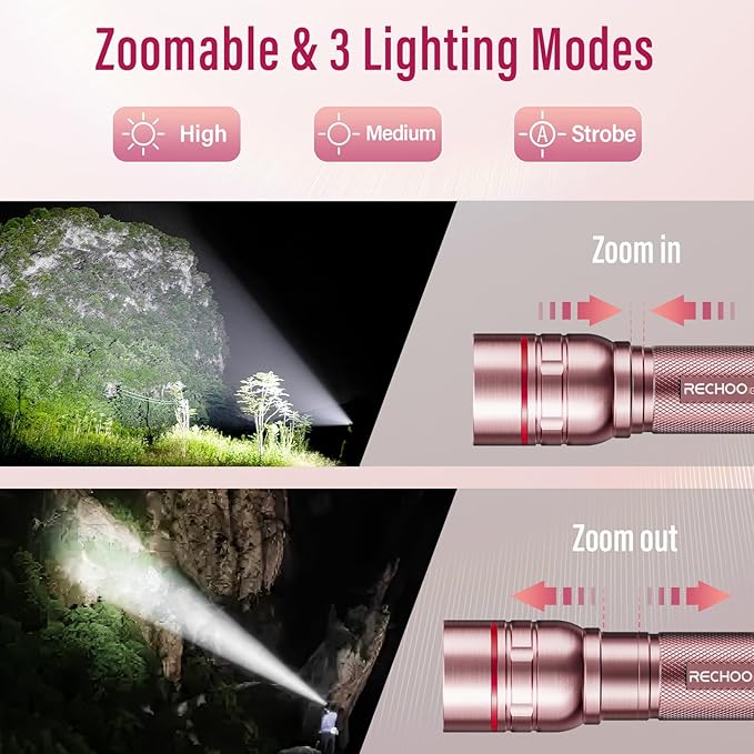 Flashlight Rechargeable High Lumens, G1000 Super Bright Flash Light Pink - Image 3