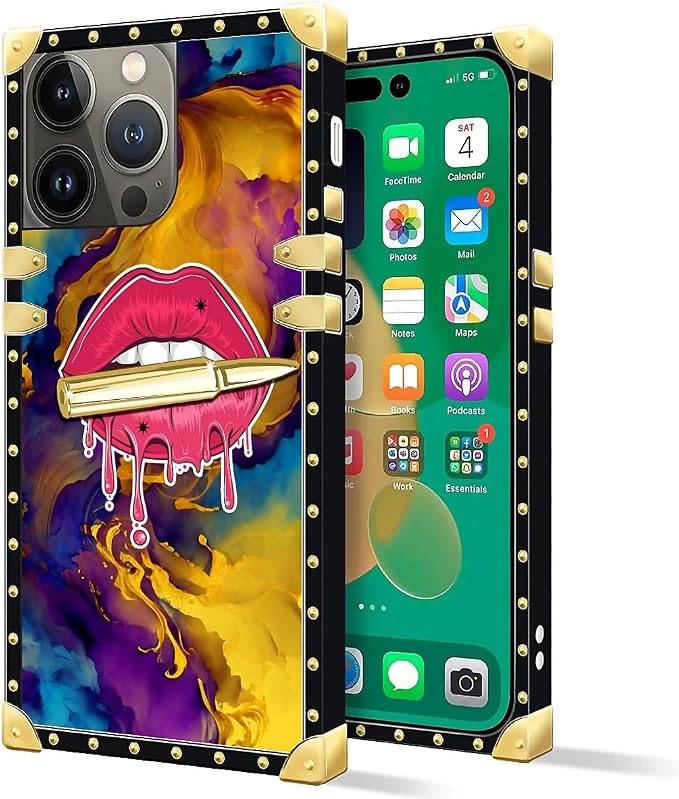 Compatible with iPhone 14 Pro Max Case, Cool Corlorful Lip Marble Luxury Golden - Image 2