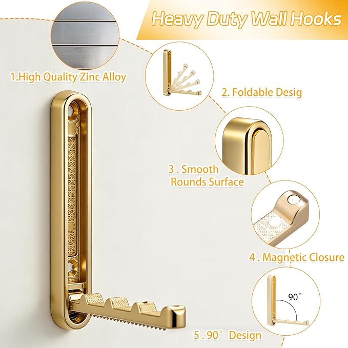 Dntorx 2 Pcs Extended Folding Coat Hooks Wall Mounted, 4.33 in Gold Foldable - Image 4