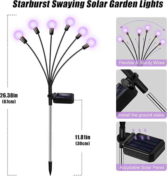 ZFNN Solar Garden Lights Outdoor, 4 Pack Firefly Swaying Lights Purple - Image 6