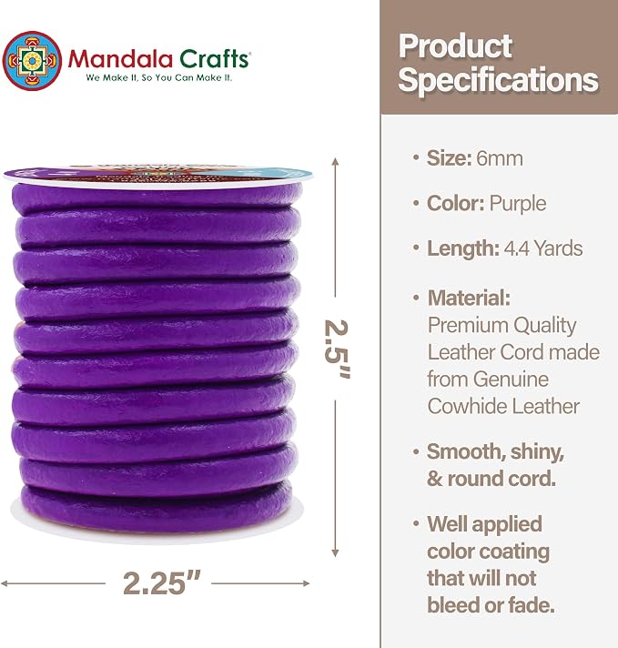 Mandala Crafts Round Genuine Purple Leather Cord - Image 4