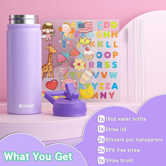 baab 18oz Kids Water Bottle, Insulated Water Bottle - Image 7