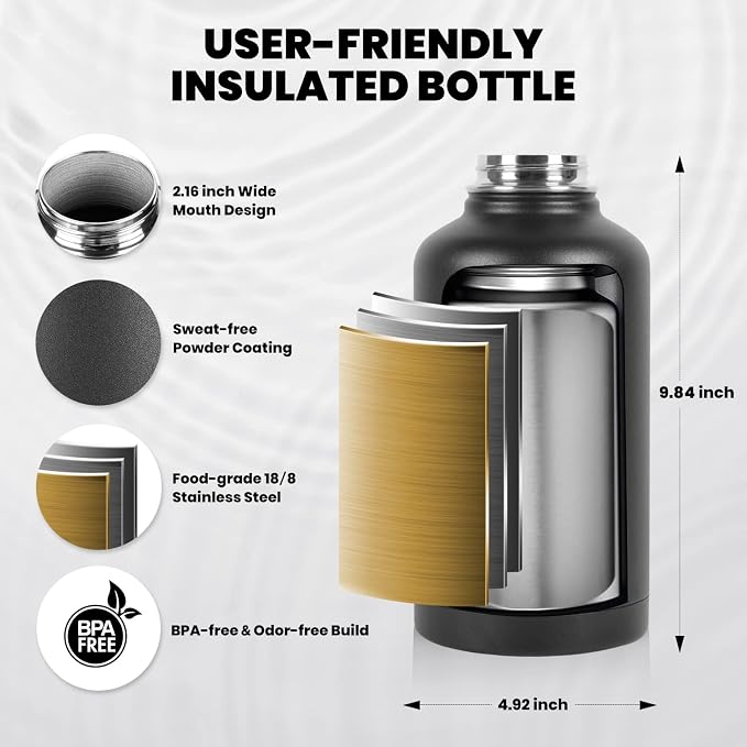RAYMYLO Insulated Water Bottle 64 oz, Triple Wall Vacuum Stainless Steel - Image 5