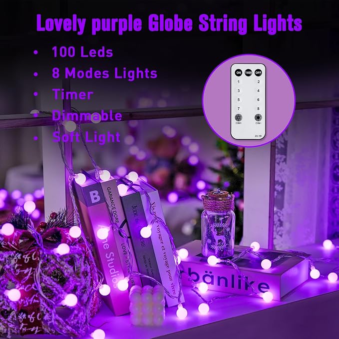 JMEXSUSS Purple Christmas Lights Indoor, Connectable 100 LED Globe String - Image 6