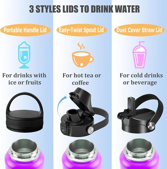 Water Bottle Insulated 32oz 40oz 64oz 128oz Straw Lid Spout Lid & 3 Lids - Image 8