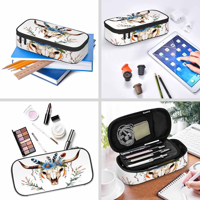 Cow Skull Pencil Holder Bag Bull Head Flowers Feathers Boho Style Pencil Case - Image 6