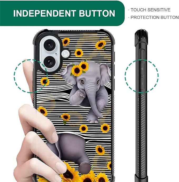 for iPhone 16 Plus Case, Cute Little Elephant Sunflower White Line Art Pattern - Image 7
