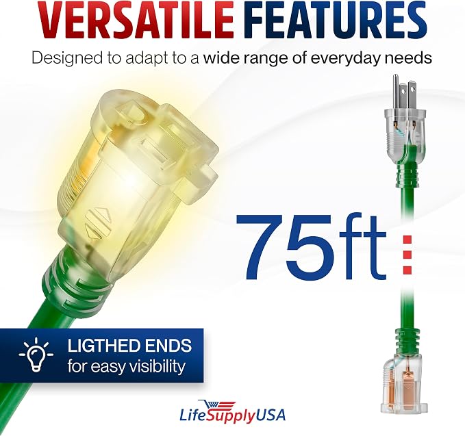 75ft Outdoor/Indoor Extension Cord 14/3 Gauge Heavy Duty 3 Prong SJTW, - Image 6