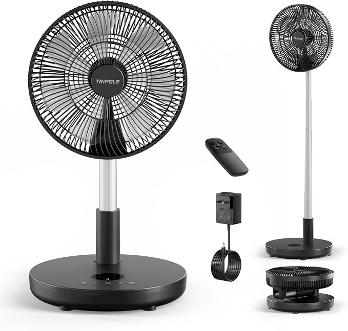 TriPole Foldable Standing Fan 12" Portable Rechargeable Battery Pedestal Fan by TriPole