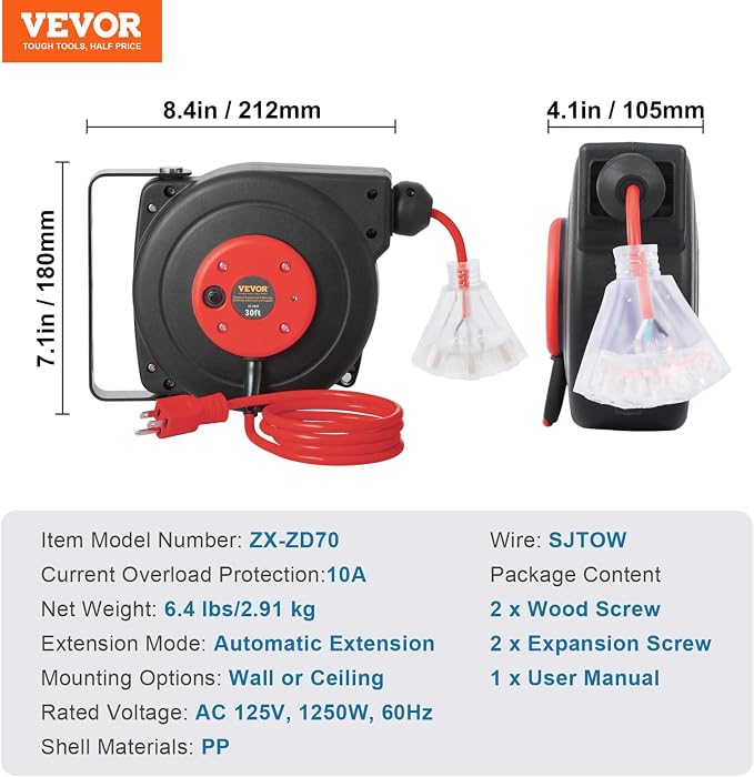 VEVOR Retractable Extension Cord Reel, 30 FT, Heavy Duty 16AWG/3C SJTOW - Image 7