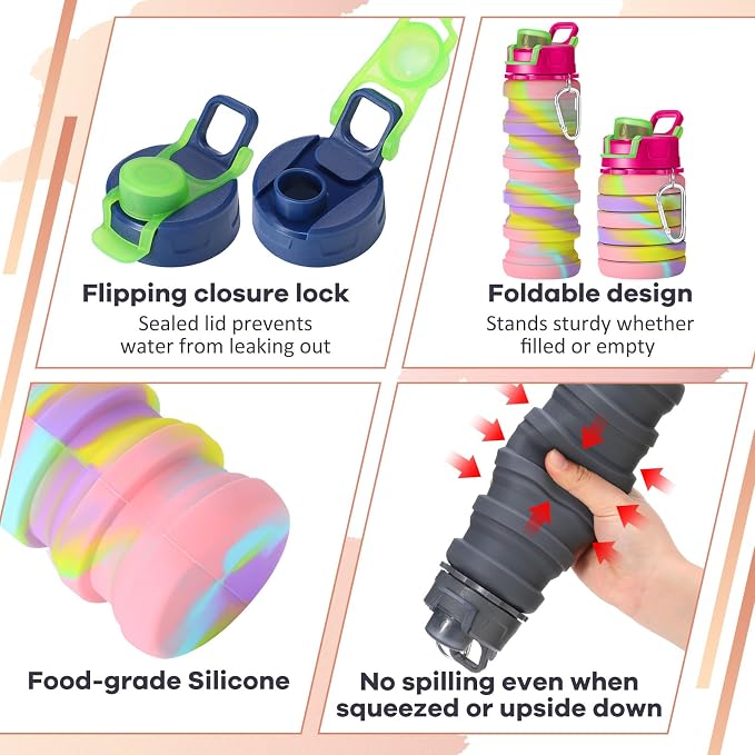 Sunnyray 14 Pack Collapsible Water Bottles Travel 17oz Silicone Portable - Image 3
