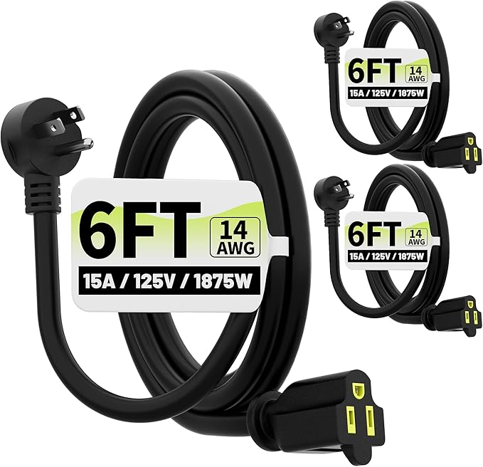 Vockjour 6 FT 3 Pack Black Low Profile Flat Plug 14 Gauge Heavy Duty Extension by Vockjour