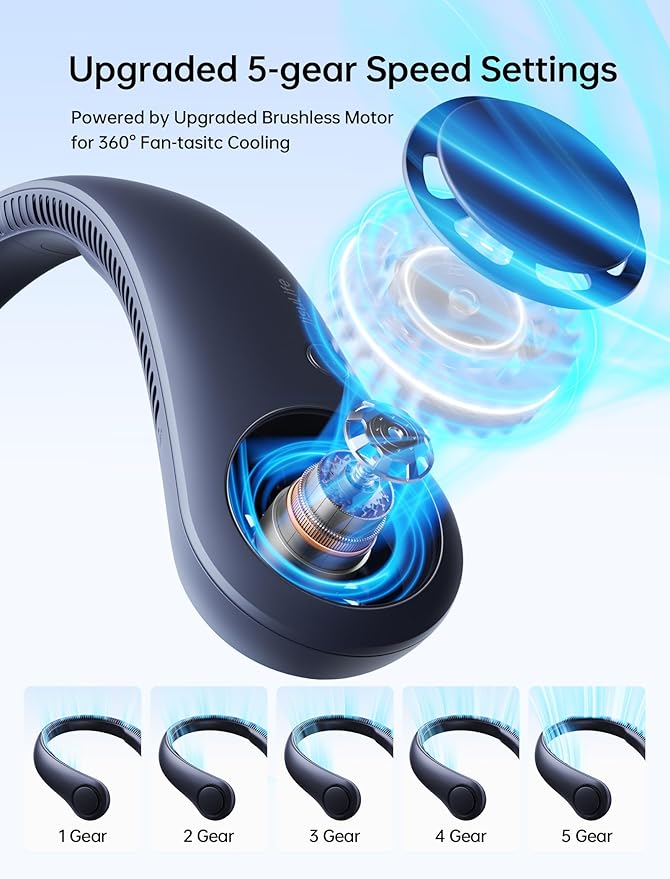 JISULIFE Portable Neck Fan, Hands Free Bladeless Fan, 5 Speeds, 4000 mAh - Image 2