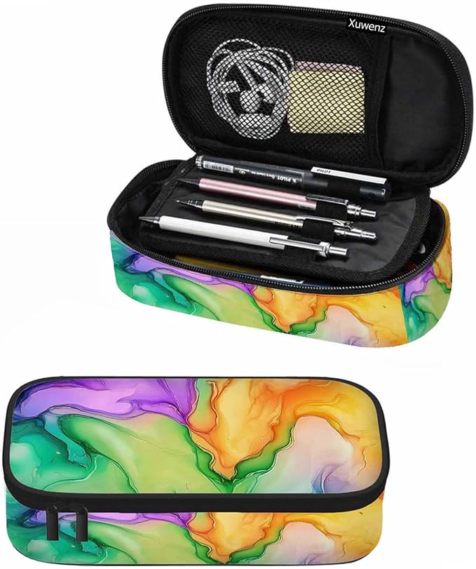 Abstract Print Pencil Case Colorful Fluid Waves Golden Swirls Pencil Bag Pouch by Unknown