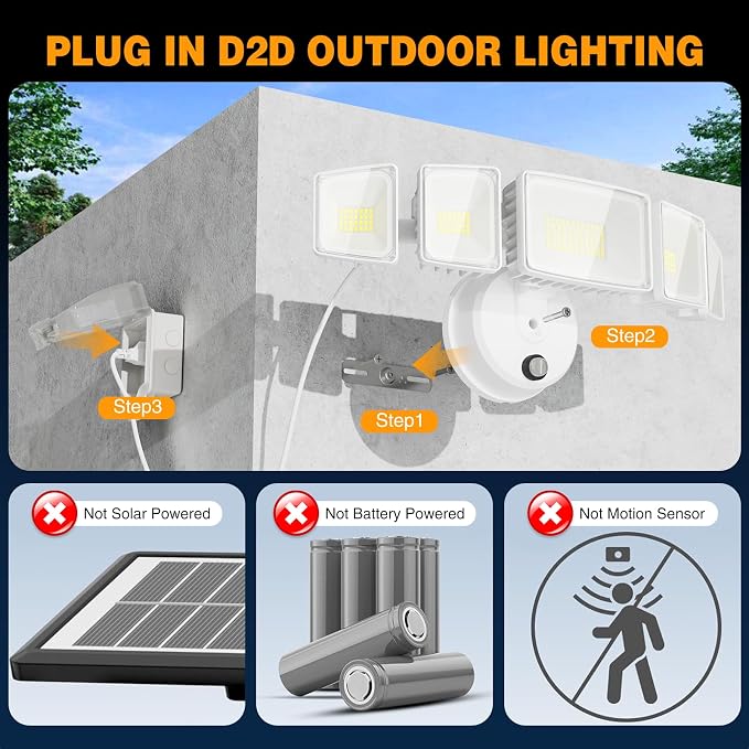Onforu 150W 15000LM Dusk to Dawn Outdoor Lighting, 5 Heads Plug in Flood Lights - Image 2