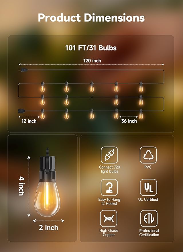 Minetom 101FT Outdoor-String-LED-Patio-Lights-Waterproof, 31Shatterproof S14 - Image 8