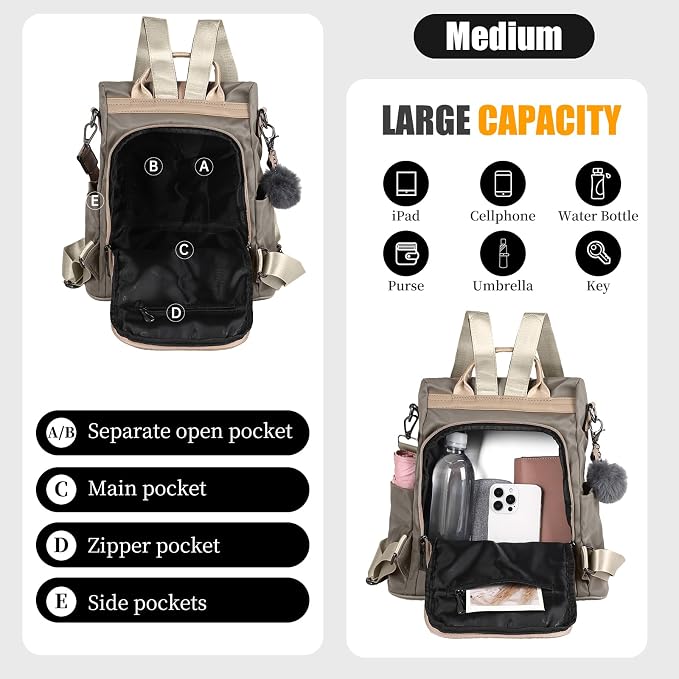 PINCNEL Women Khaki Medium Backpack Purse Waterproof Nylon Anti-theft Rucksack - Image 7
