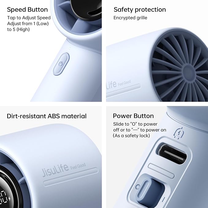 JISULIFE Handheld Turbo Fan, 5000mAh Rechargeable Portable Fans, 5 Speed Strong - Image 7