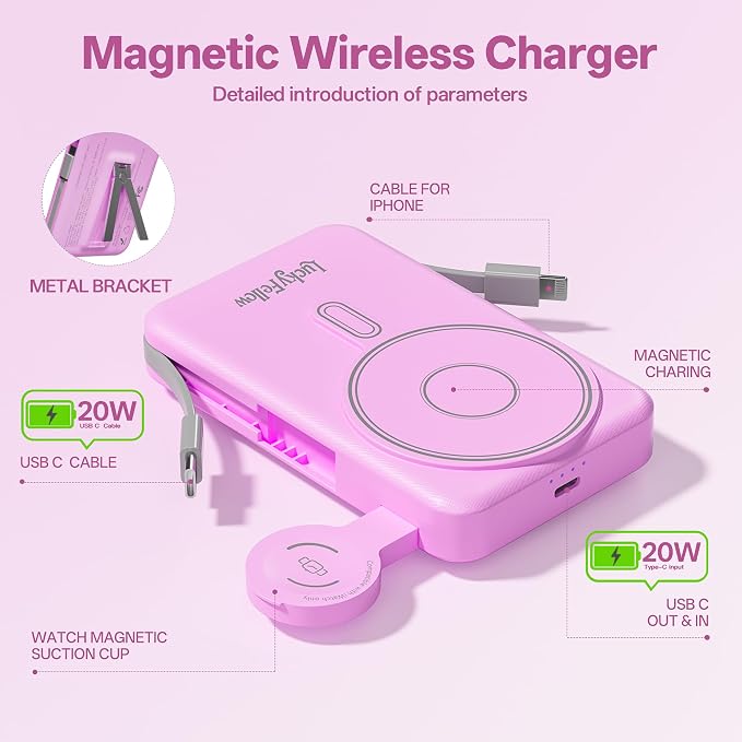 Magnetic Portable Charger Built-in Cables, 10000mAh Fast Charging Wireless - Image 6