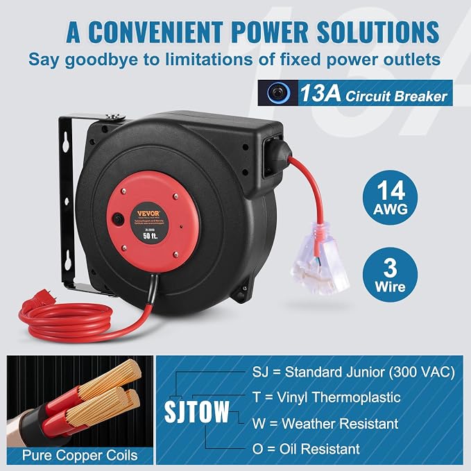 VEVOR Retractable Extension Cord Reel, 50 FT, Heavy Duty 14AWG/3C SJTOW - Image 4