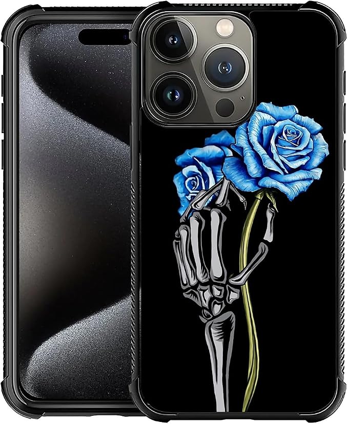 for iPhone 16 Pro Case, Skeleton Holding Blue Rose Pattern Graphic Design Girl by FKBRCL4U
