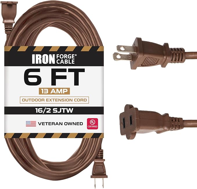 Iron Forge Cable 2 Prong Outdoor Extension Cord 6 ft, 16/2 SJTW 6 Foot Brown by IronForgeCable