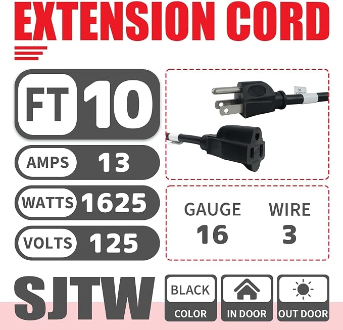 EP 2 Pack 10FT Black Outdoor Extension Cord, 16/3 SJTW Heavy Duty Waterproof - Image 2