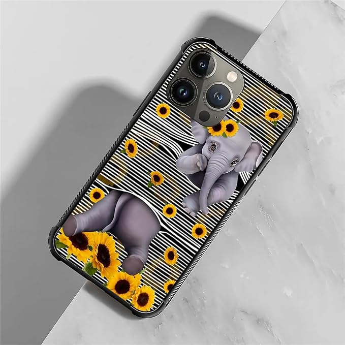 for iPhone 14 Pro Case, Cute Little Elephant Sunflower White Line Art Pattern - Image 7