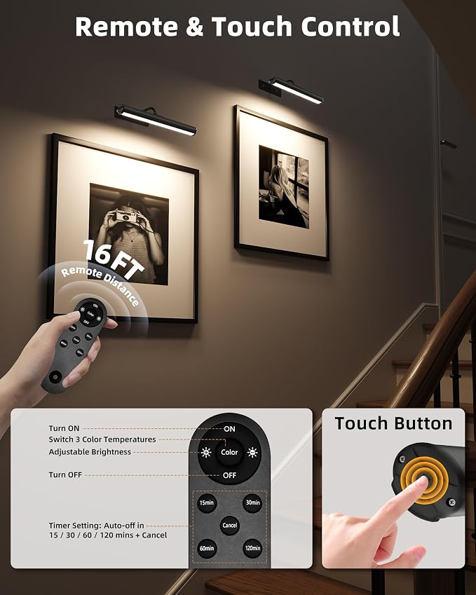 EZVALO 13Inch Wireless Picture Lights, 4000mAh Rechargeable Battery Art Lights - Image 4