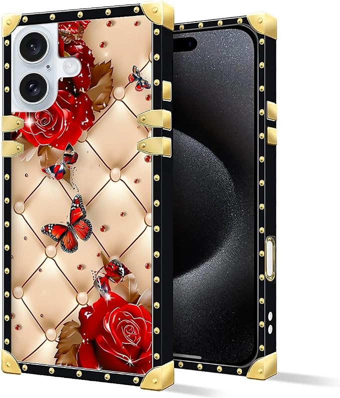 Compatible with iPhone 16 Plus Case, Shining Red Rose Butterfly Leather - Image 3