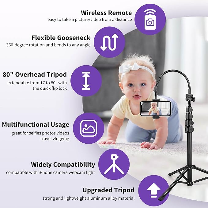 Nineigh 80" Phone Tripod, Selfie Stick Cellphone Tripod, Aluminum Tripods Stand - Image 5