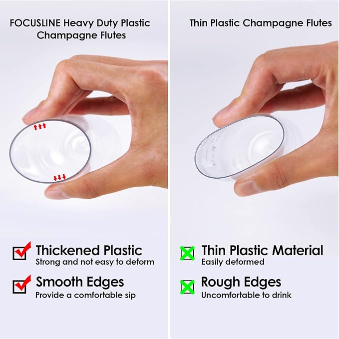 FOCUSLINE 24 Pack 9 Oz Plastic Stemless Gold Rim Champagne Flutes, Heavy Duty - Image 3
