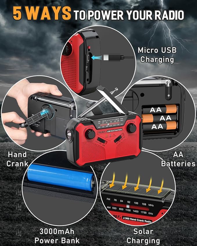 PRUNUS J-369 11100mWh Emergency Weather Radio, AA Batteries/Hand - Image 2