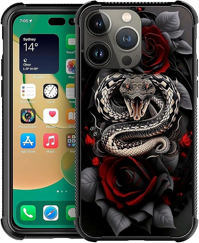 for iPhone 13 Pro Case, Entwined Rose Snake Pattern Graphic Design Girl Boy by FKBRCL4U