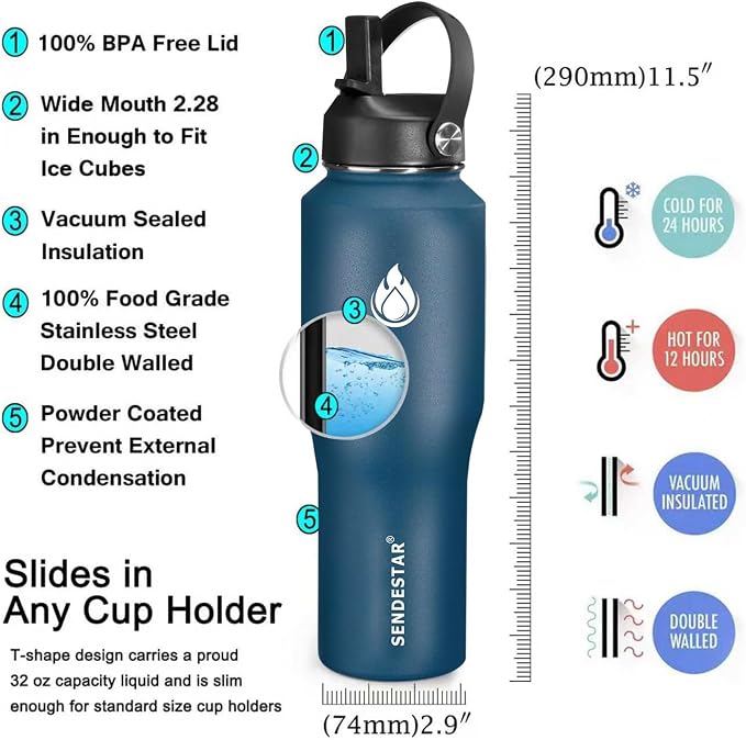 SENDESTAR Water Bottle 32oz, Wide Mouth Stainless Steel Vacuum Insulated Double - Image 5