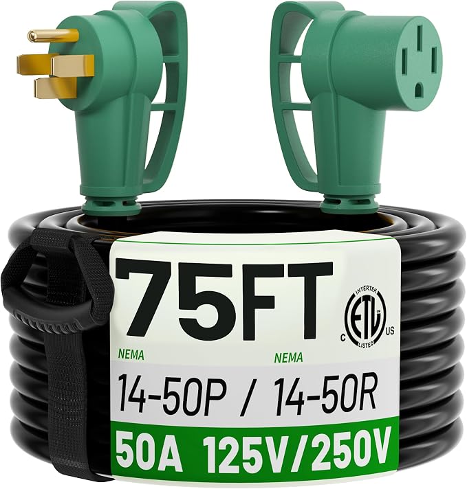 POWGRN NEMA 14-50P to NEMA 14-50R 50 Amp RV/EV Extension Cord 75 FT Outdoor by POWGRN