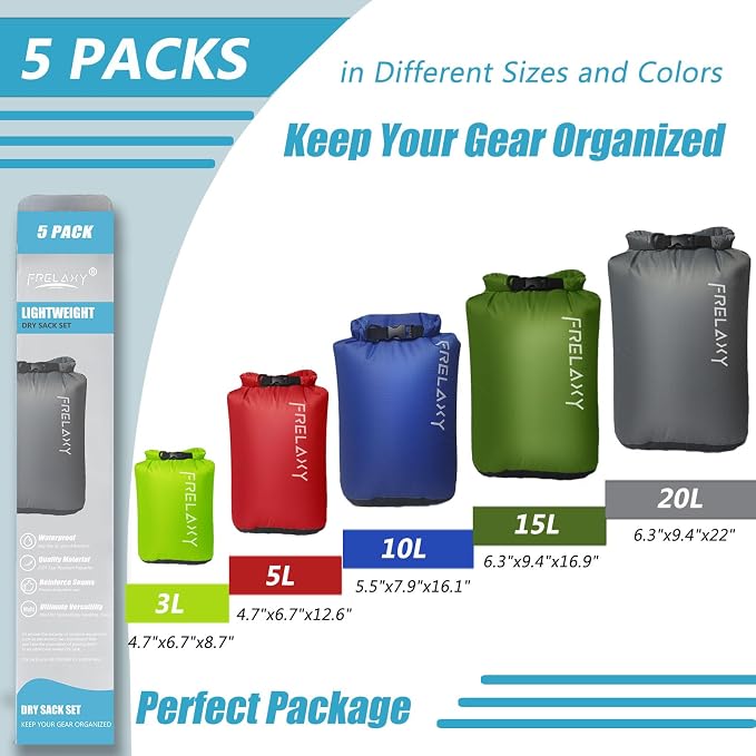 Frelaxy Dry Bag 3-Pack/5-Pack, Ultralight Dry Sack, Outdoor Bags Keep Gear Dry - Image 2