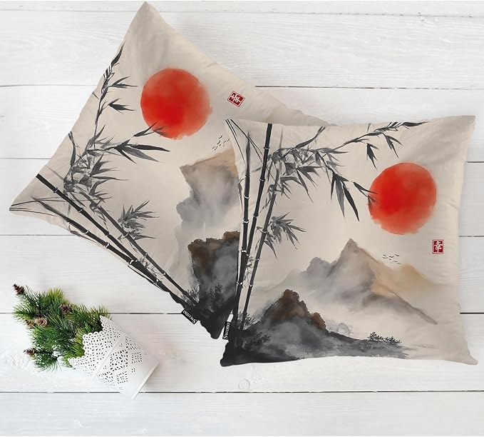 Swono Outdoor Pillow Covers Bamboo, Japanese Bamboo Trees Mountains Red Sun - Image 5