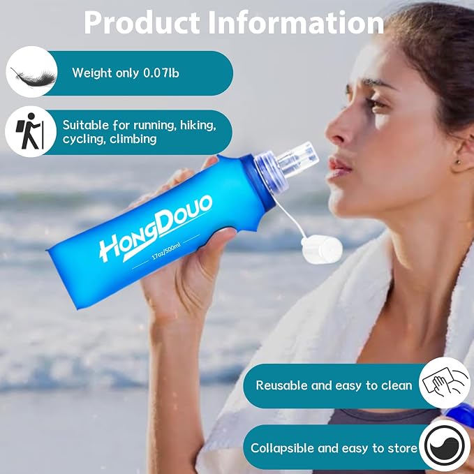 2 Packs Soft Flask, 17oz/500ml TPU Collapsible Soft Water Bottle - Image 6
