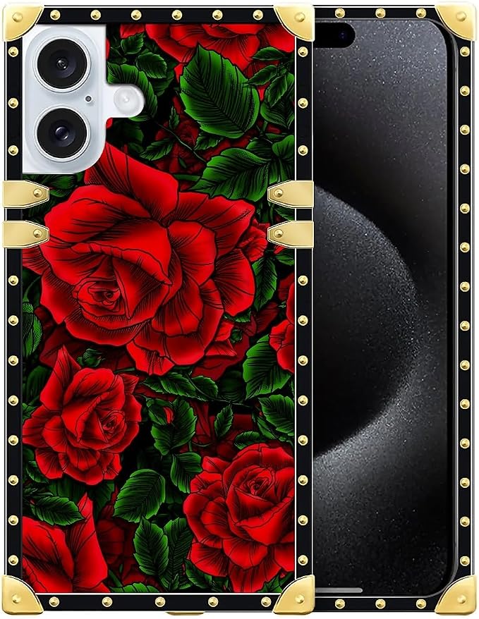 Compatible with iPhone 16 Plus Case, Vector Red Rose Green Leaf Luxury Golden by Unknown