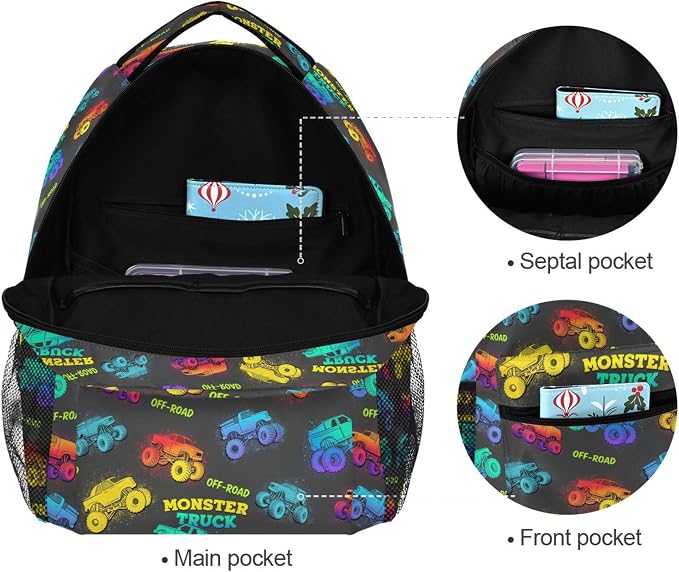 Wamika Monster Truck Kids Backpack Blue Racing Cars School Backpack Boy Girl - Image 3