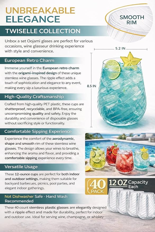 40 count 12 Ounce Cups Origami Ribbed Unbreakable Stemless Plastic Wine - Image 3