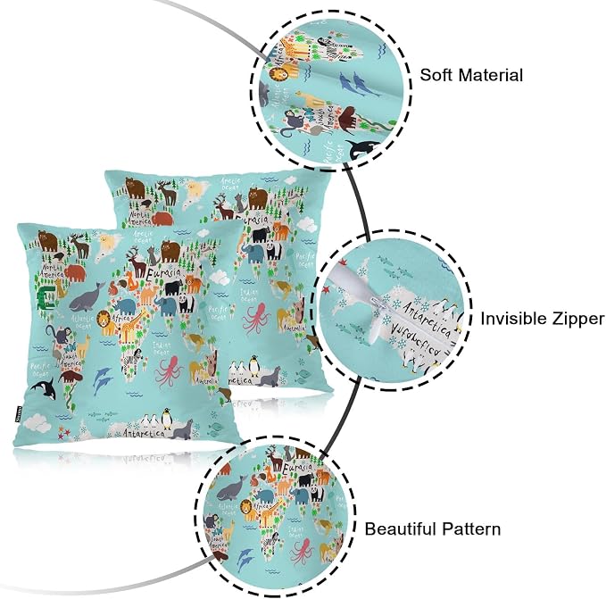 Swono World Map Throw Pillow Covers, Cartoon Forests Animal Map of The World - Image 7