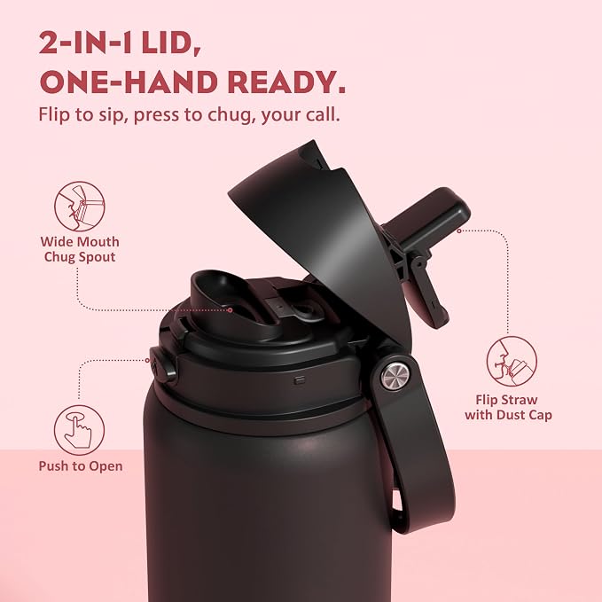 POWCAN 32 oz Stainless Steel Water Bottle: 2-in-1 Push-Button Spout & - Image 2