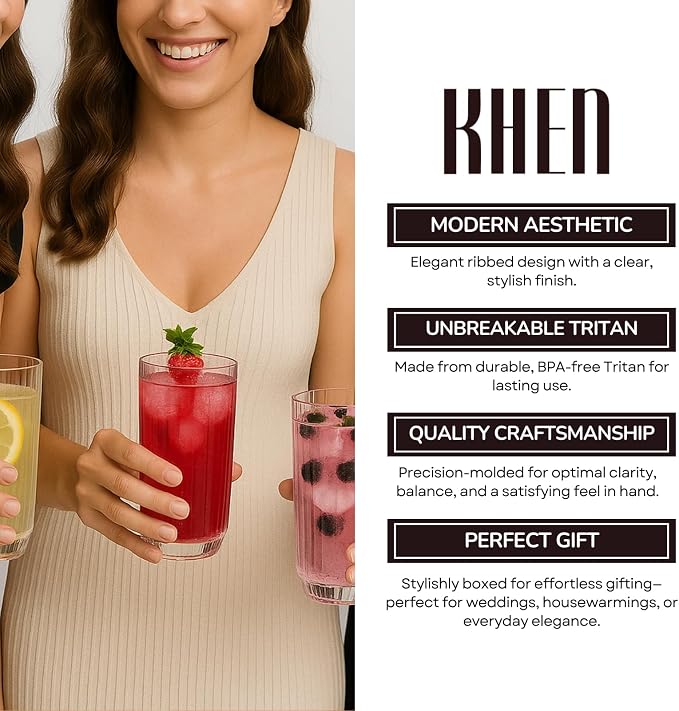 Khen Plastic Acrylic Ribbed Drinking Glasses – Set of 4 Clear 11.8oz Tritan - Image 6