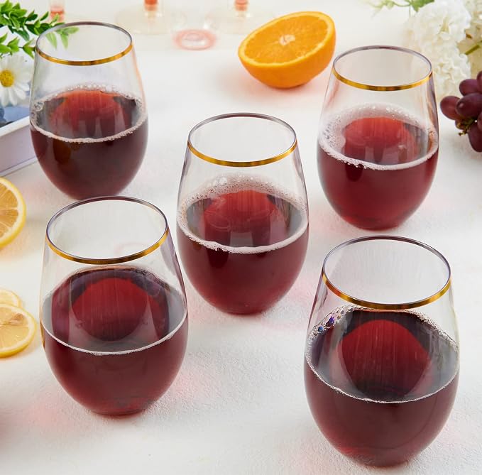 FOCUSLINE 20pcs 16 Oz Plastic Wine Glasses, Stemless Gold Rim, Heavy Duty - Image 7