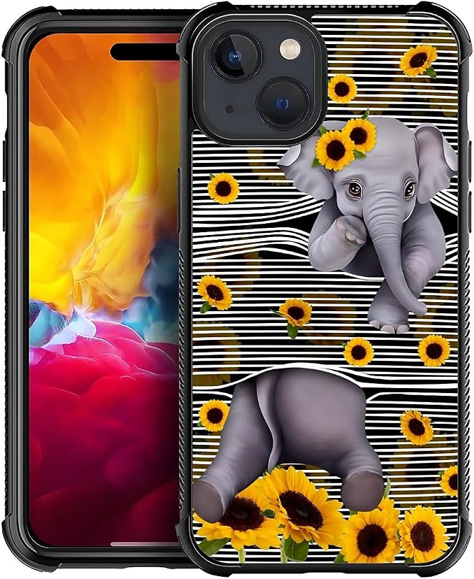 for iPhone 15 Plus Case, Cute Little Elephant Sunflower White Line Art Pattern by FKBRCL4U
