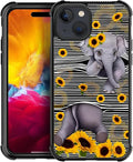 for iPhone 15 Plus Case, Cute Little Elephant Sunflower White Line Art Pattern by FKBRCL4U