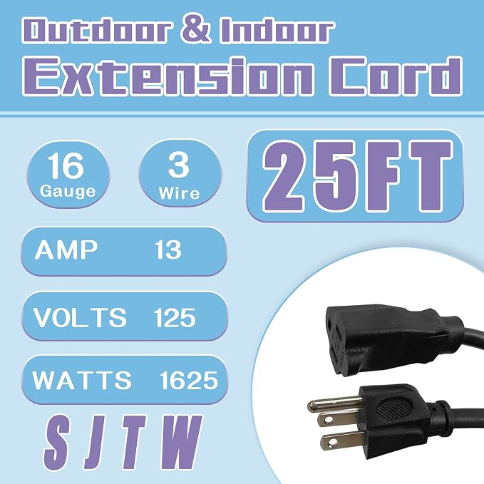 Indoor Outdoor Extension Cord 25 FT, 16/3 SJTW Weatherproof Black Electrical - Image 2