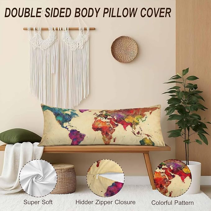 World Map Body Pillow Pillowcase, Retro World Map Colorful Body Pillow Cushion - Image 4